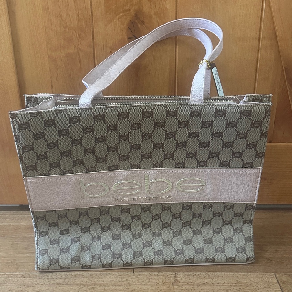 Bebe Serena Beige & Light pale Pink Patterned Tote new w tag silver logo zipper